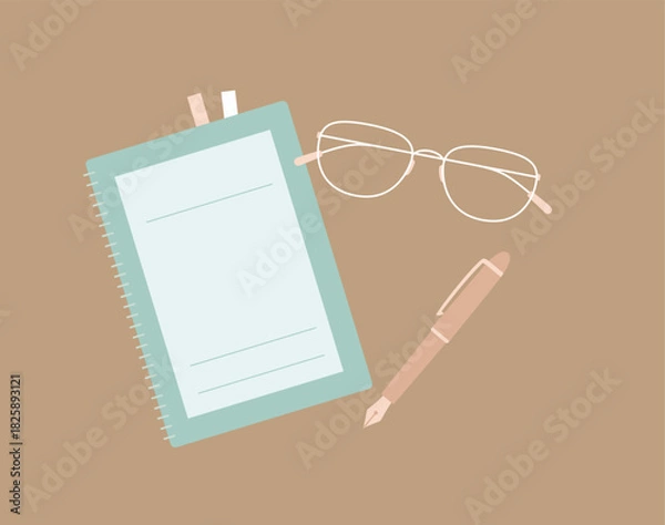 Fototapeta くすみカラーのステーショナリーセット／ノートと万年筆とメガネの勉強デスク