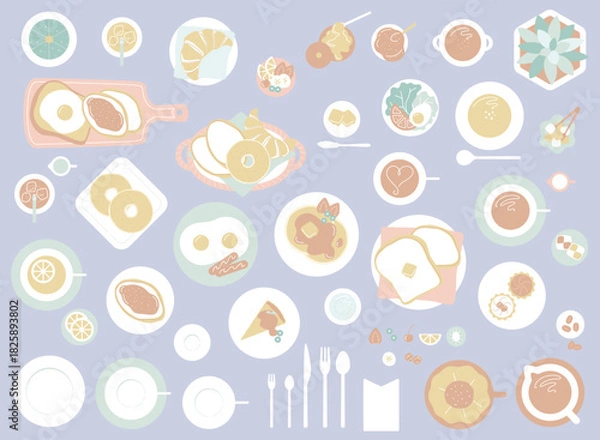 Fototapeta くすみカラーのカフェ朝食セット／俯瞰で並べたパンとドリンクのフラットレイ