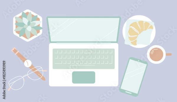 Fototapeta くすみカラーのワークデスクセット／ノートパソコンとクロワッサンの朝の仕事フラットレイ