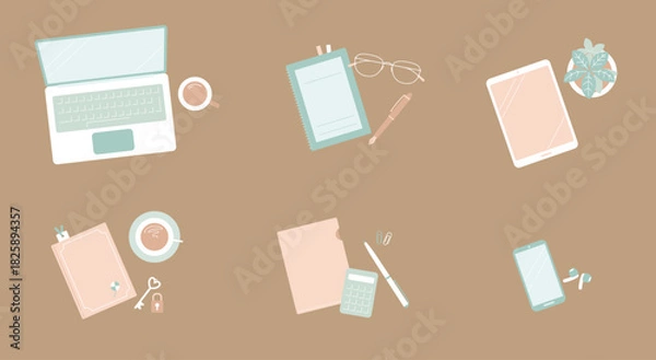 Fototapeta くすみカラーの俯瞰ビジネス小物セット（背景色あり）／ミニマルな6点フラットレイ