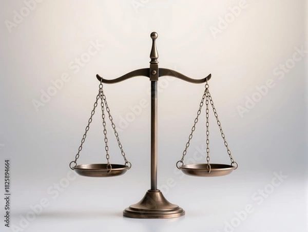 Fototapeta Golden Balance Scales Of Justice On Marble Pedestal Symbolizing Fairness And Law. A polished golden balance scales sit centered on a white marble base, conveying justice, fairness, and impartial law. 