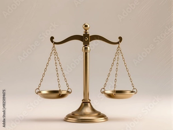Fototapeta Golden Balance Scales Of Justice On Marble Pedestal Symbolizing Fairness And Law. A polished golden balance scales sit centered on a white marble base, conveying justice, fairness, and impartial law. 