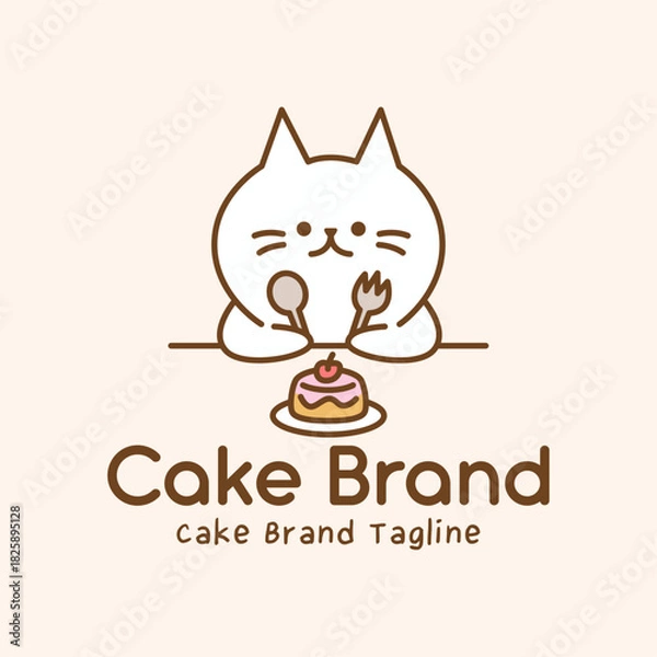 Obraz Charming bakery logo featuring cat mascot sitting at table with cake and utensils. Kawaii-style illustration for dessert shop branding and packaging design.