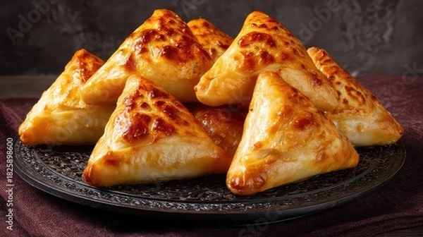 Fototapeta Xinjiang samsa, hand-shaped triangular pastries, golden blistered crust, beef and onion filling