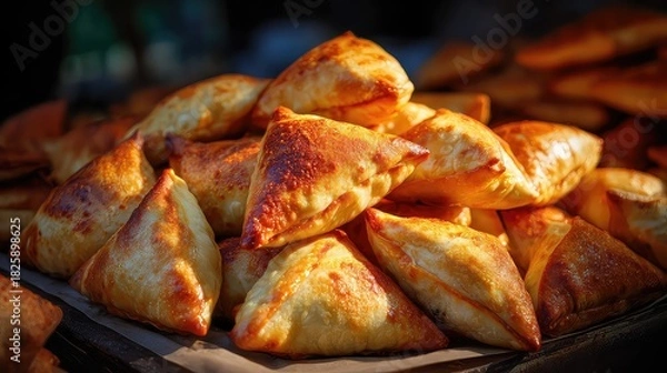 Fototapeta Xinjiang samsa, hand-shaped triangular pastries, golden blistered crust, beef and onion filling