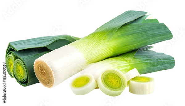 Fototapeta Close-up of sliced and whole green vegetables, known for their mild onion flavor