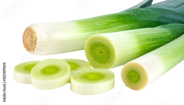 Fototapeta Close-up of sliced and whole sections of a fresh, green-and-white vegetable