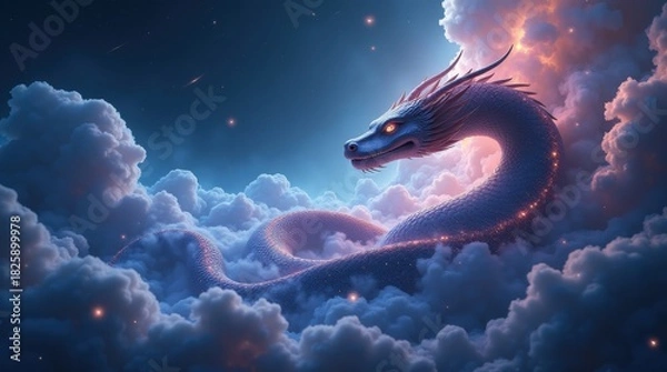 Obraz Majestic dragon emerging from mystical clouds under a starry night sky