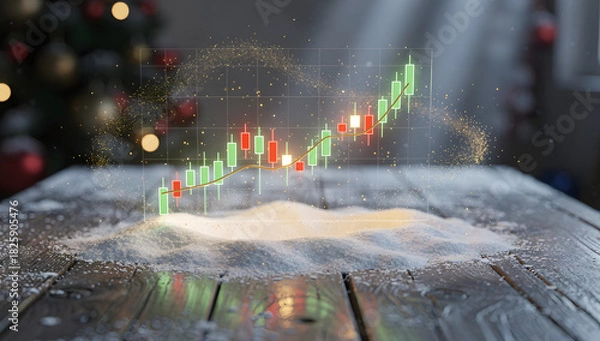 Fototapeta Futuristic 3D Christmas-themed stock market scene with glowing red and green elements, snowfall, holographic light, and cinematic winter atmosphere. AI Generated.