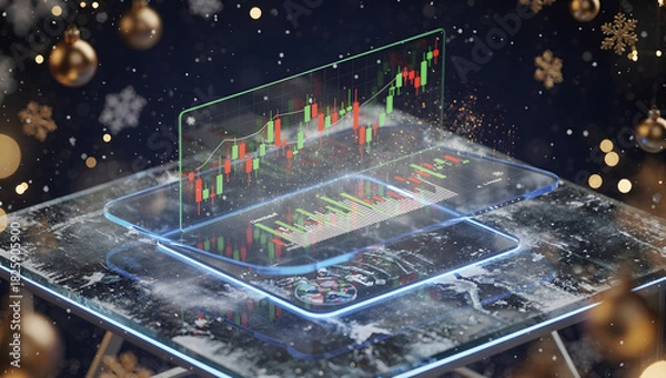 Obraz Futuristic 3D Christmas-themed stock market scene with glowing red and green elements, snowfall, holographic light, and cinematic winter atmosphere. AI Generated.
