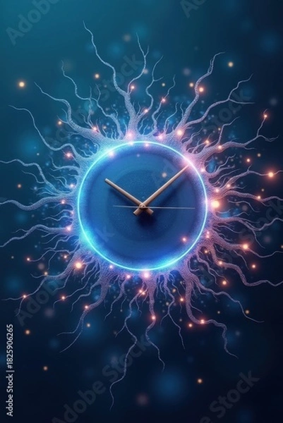 Obraz Abstract glowing clock face with digital neural network connections