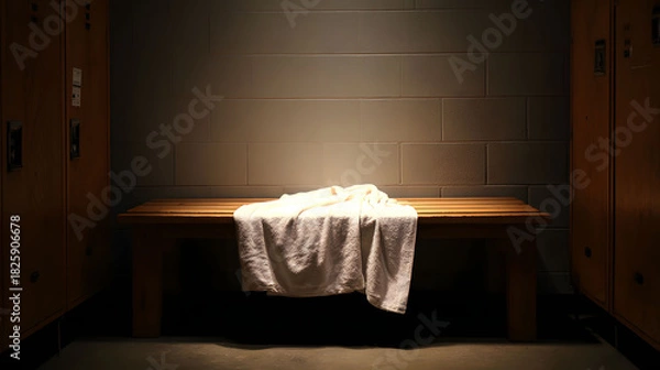 Obraz White Towel on Wooden Bench in Locker Room