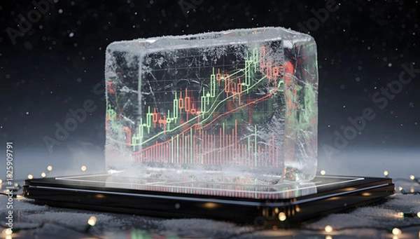Fototapeta Futuristic 3D Christmas-themed stock market scene with glowing red and green elements, snowfall, holographic light, and cinematic winter atmosphere. AI Generated.