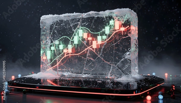 Fototapeta Futuristic 3D Christmas-themed stock market scene with glowing red and green elements, snowfall, holographic light, and cinematic winter atmosphere. AI Generated.