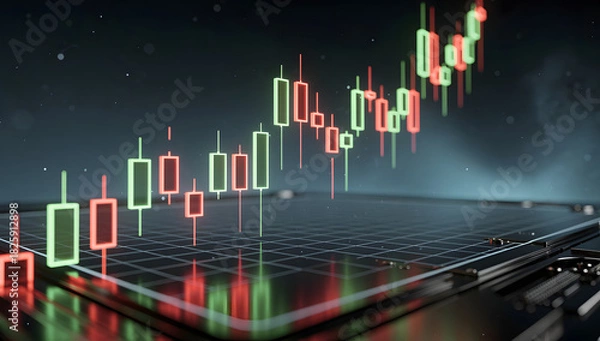Obraz Futuristic 3D glowing candlestick chart with neon green and red candles on a dark holographic grid, cinematic lighting, reflections, and deep atmosphere. AI Generated.