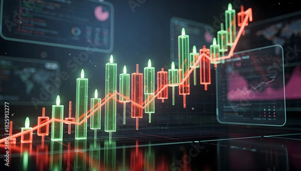 Fototapeta Futuristic 3D glowing candlestick chart with neon green and red candles on a dark holographic grid, cinematic lighting, reflections, and deep atmosphere. AI Generated.