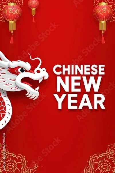 Obraz Red chinese new year background with dragon and lanterns