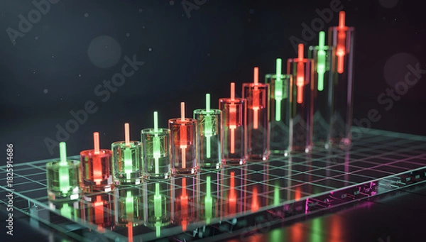 Obraz Futuristic 3D glowing candlestick chart with neon green and red candles on a dark holographic grid, cinematic lighting, reflections, and deep atmosphere. AI Generated.