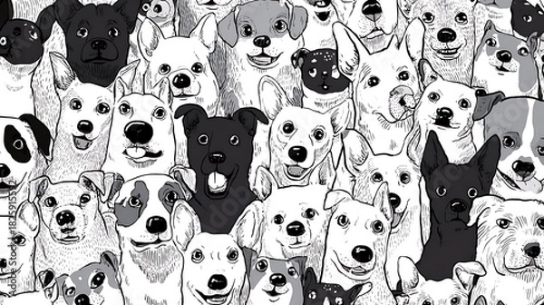 Fototapeta An intricate black and white pattern composed of numerous dog faces, depicting a playful and lively crowd of different canine companions in a detailed, artistic style