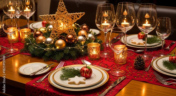 Fototapeta Elegant Christmas Dinner Table Setting with Candles, Ornaments and Red-Gold Decor