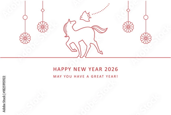 Obraz 2026年午年ラインデザイン　馬と千鳥と菊飾りのおしゃれな年賀状