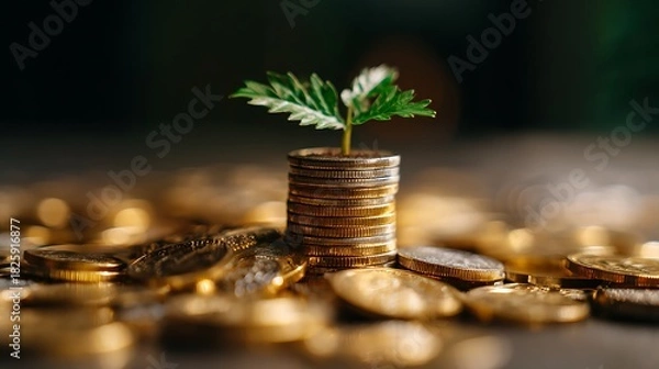 Fototapeta A vibrant green plant grows from a stack of golden coins, symbolizing financial growth, investment, and the prosperous future of wealth and business
