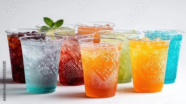 Obraz Refreshing assortment of colorful beverages in clear plastic cups with ice