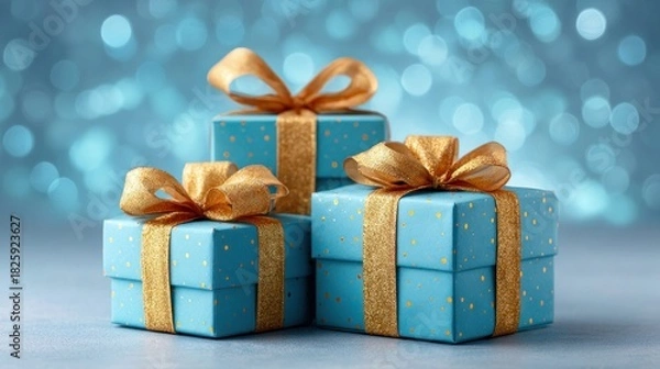 Fototapeta Elegant Gift Boxes with Gold Ribbons on a Teal Background