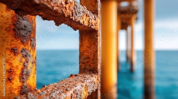 Fototapeta Close-up of rusty metal structure with ocean and sky in the background