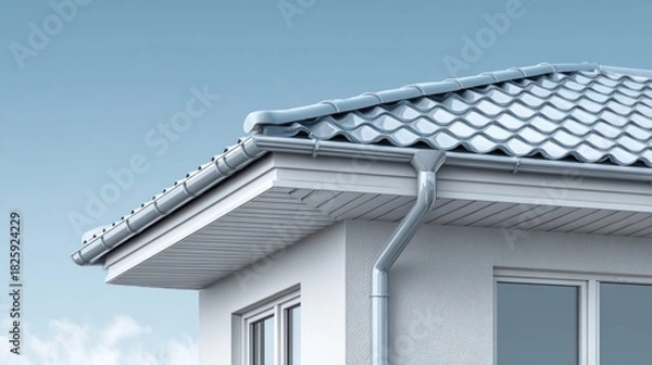 Fototapeta Modern home exterior with a detailed view of the roof and rain gutter system