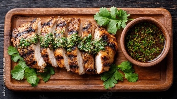 Fototapeta Grilled chicken breast with chimichurri sauce served on a wooden platter