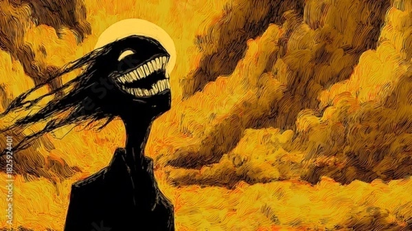 Fototapeta A dark, unsettling figure with a wide, toothy grin and windswept hair stands against a vibrant, textured yellow and orange sky, evoking a sense of horror or abstract emotion