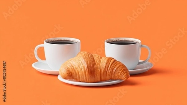Fototapeta Freshly baked croissant and coffee cups on a vibrant orange background