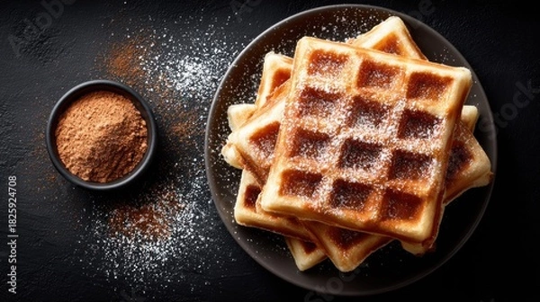 Fototapeta Delicious waffles with powdered sugar and cocoa powder on a dark background