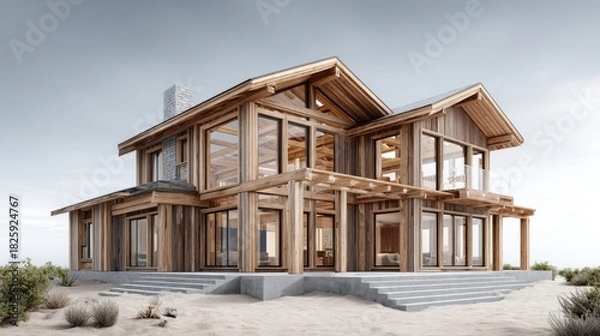 Fototapeta Luxurious wooden beach house with large windows and a modern design