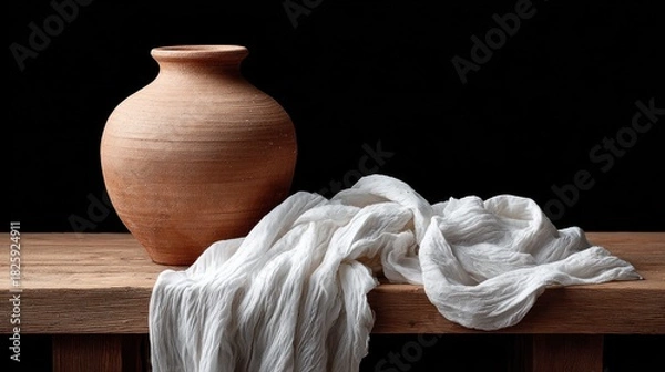 Obraz Rustic still life featuring a terracotta pot and draped white cloth on wood