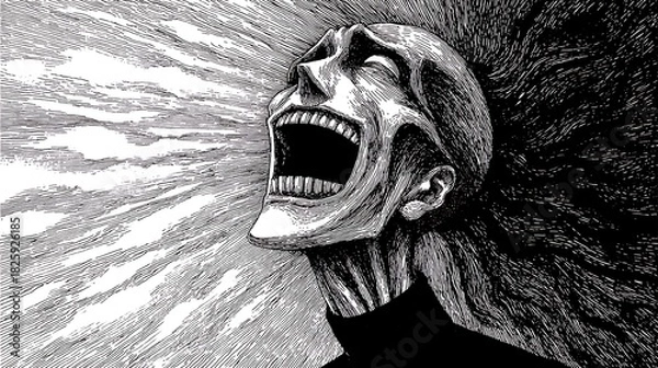 Fototapeta Stark black and white illustration of a screaming, anguished face, half illuminated and half shrouded in deep shadow, conveying intense emotion and despair