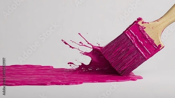 Fototapeta A paintbrush with vibrant pink paint creates a dynamic splash and a long streak on a light background, symbolizing creativity, art, and design