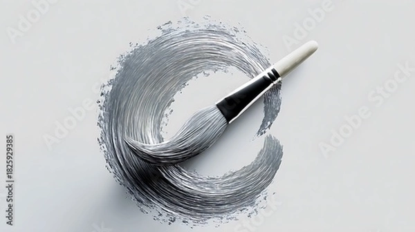 Fototapeta A paintbrush creating a dynamic, textured silver or grey paint stroke on a clean white background, showcasing artistic expression and creative process, isolated on white background