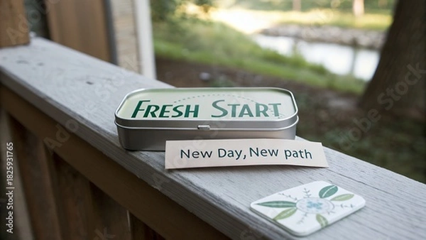 Fototapeta Fresh Start mints tin on wooden ledge with inspirational message new day new path