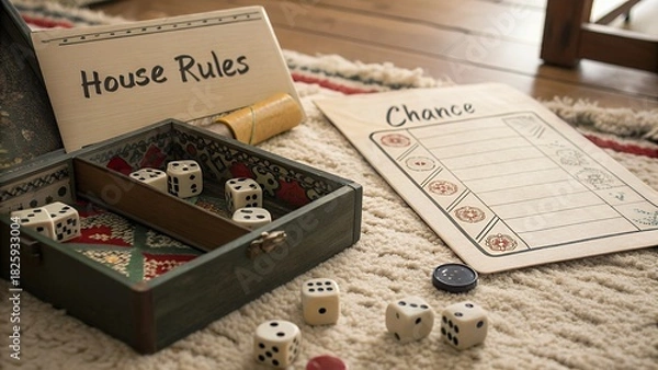 Fototapeta Vintage board game and dice on a rug with house rules and chance cards