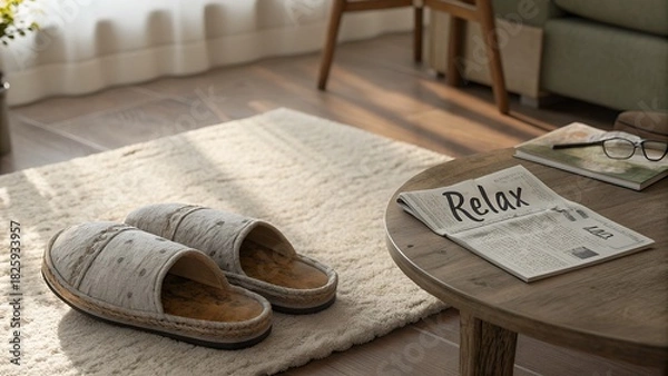 Fototapeta Worn slippers rest on a cozy rug near a table with a relax newspaper
