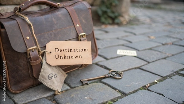 Fototapeta Worn leather satchel with a key and destination unknown tag on cobblestone path