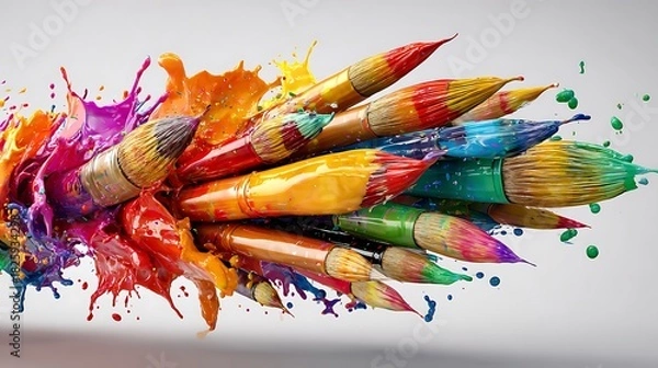 Fototapeta A vibrant and dynamic explosion of colorful paintbrushes bursting with bright, vivid paint splatters, symbolizing creativity, artistic expression, and the joy of art, set against a clean background