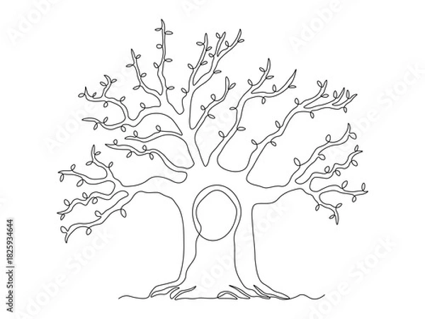 Obraz Abstract gnarled branching tree with hollow, squirrel house, oak, continuous single one line art hand drawing sketch logo on white background