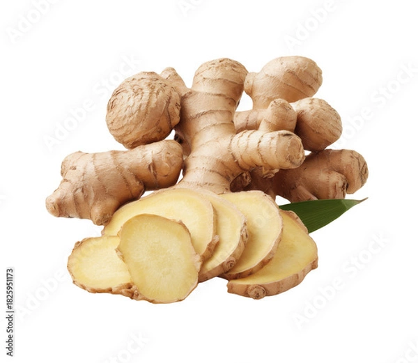 Fototapeta fresh ginger root and slices on white background