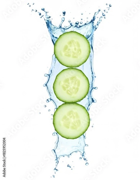 Fototapeta Three Cucumber Slices Suspended in a Dynamic Water Splash on White Background