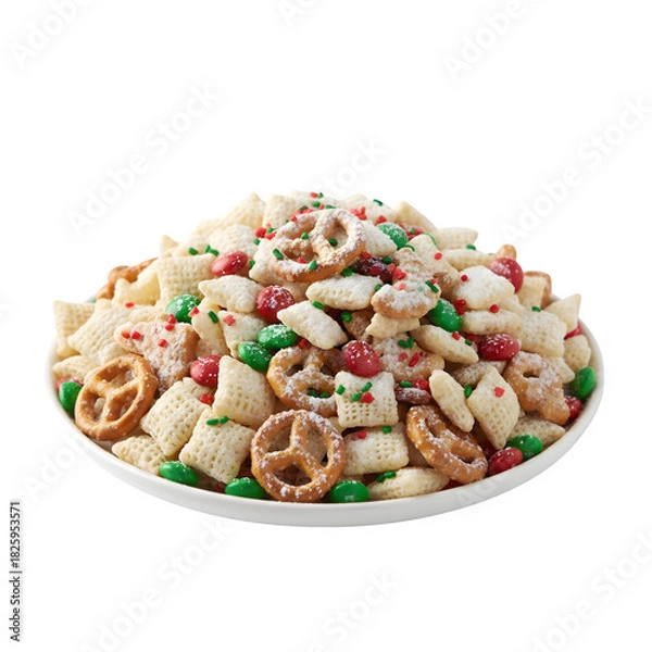 Fototapeta Sweet and Salty Holiday Christmas Crunch Snack Mix with Pretzels, Cereal, and Candy-Coated Chocolate isolated on a transparent background 