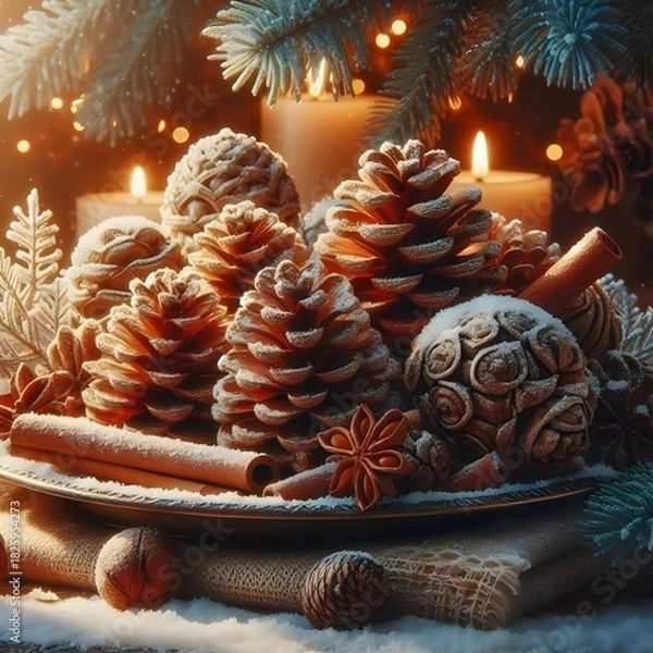 Fototapeta Winter Decor: Snowy pinecones with warm candlelight