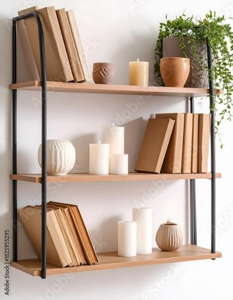 Fototapeta Three-Tiered Shelf with Books, Candles, and Plants Against a White Wall